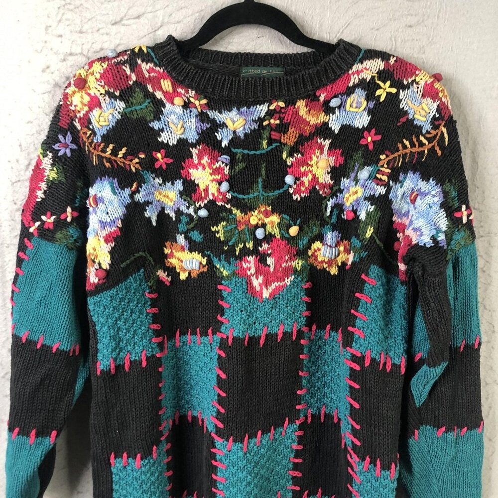 Vintage Cullinane Sweater Womens M Multicolor Floral Patchwork Chunky Knit Artsy - Picture 9 of 16